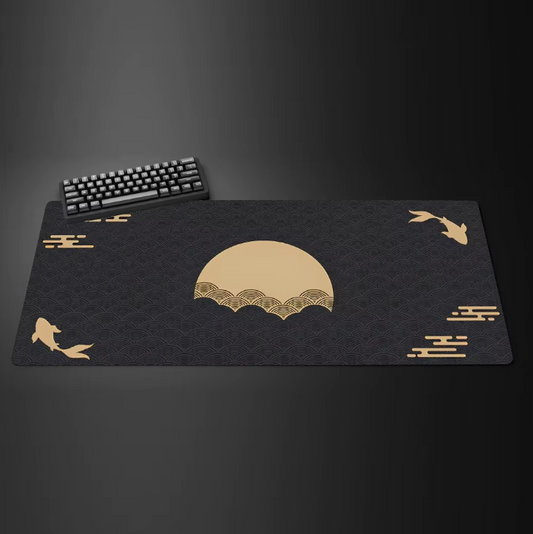 Japanese Red Sun Mouse Pad - Black & Yellow Desk Mat with Koi Fish Cloud Design