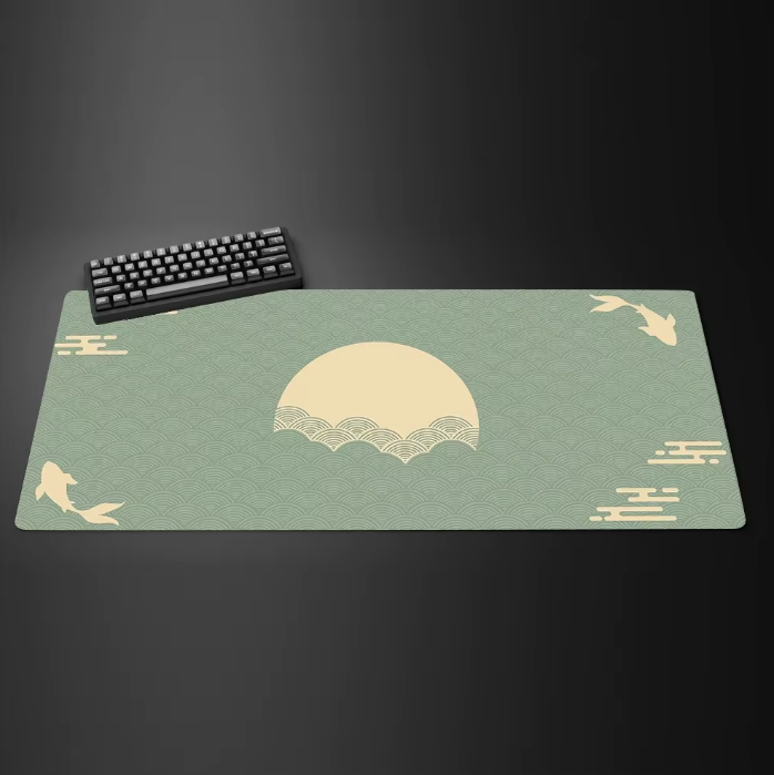 Japanese Red Sun Mouse Pad - Black & Yellow Desk Mat with Koi Fish Cloud Design