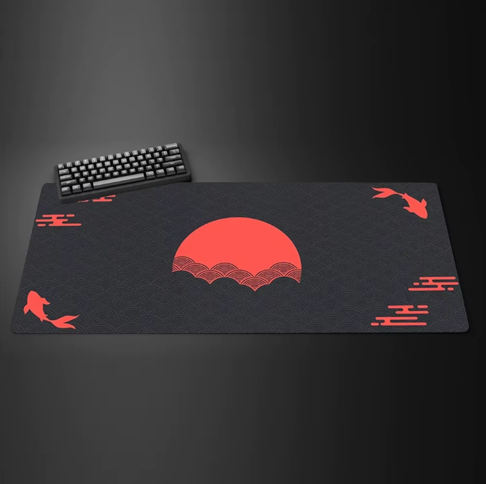 Japanese Red Sun Mouse Pad - Black & Yellow Desk Mat with Koi Fish Cloud Design