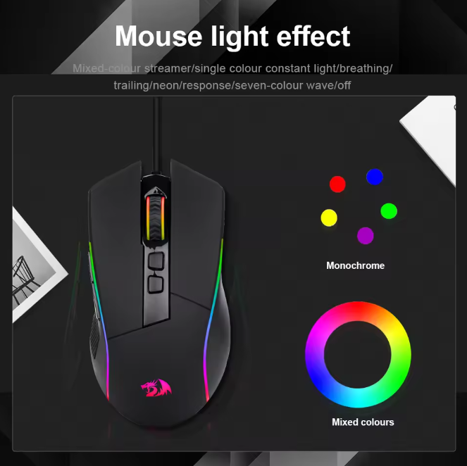 Mouse gamer com fio USB Redragon Lonewolf G105 RGB – Design ergonômico