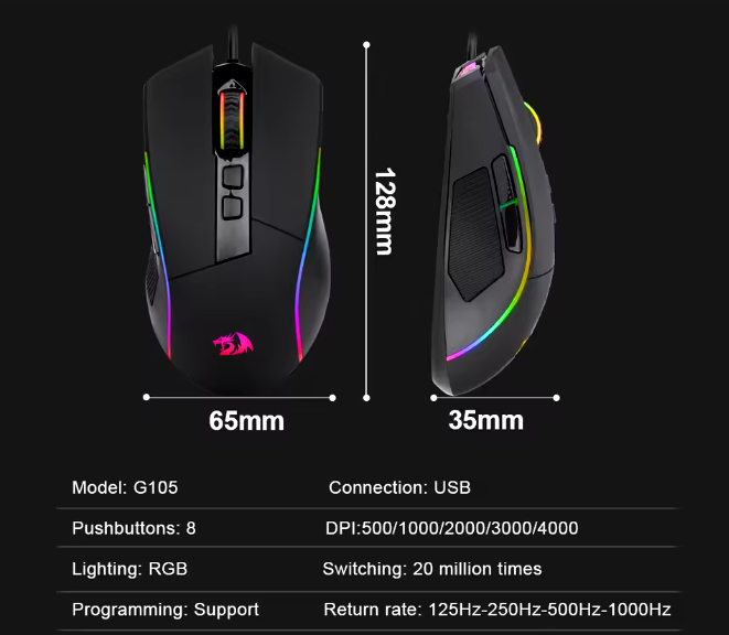 Mouse gamer com fio USB Redragon Lonewolf G105 RGB – Design ergonômico