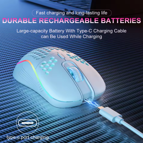 Wireless RGB Gaming Mouse – Rechargeable, Ergonomic Honeycomb